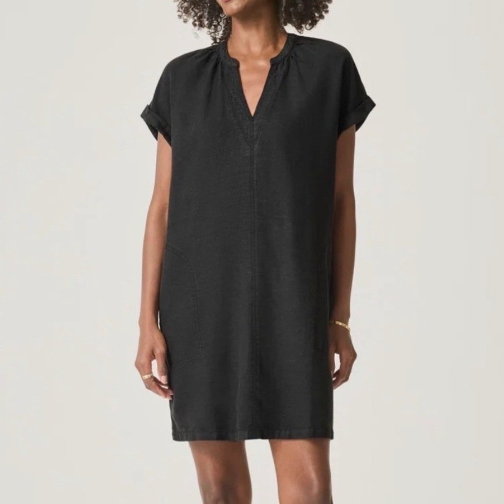 100% LINEN DRESS Tunic Carly Jean Los Angeles Black Short Sleeve Large Oversized